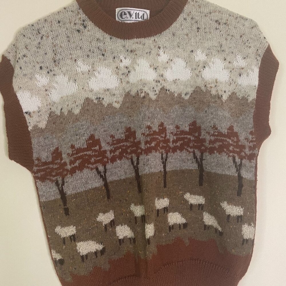 Vintage wool blend knitted short sleeve sheep sweater